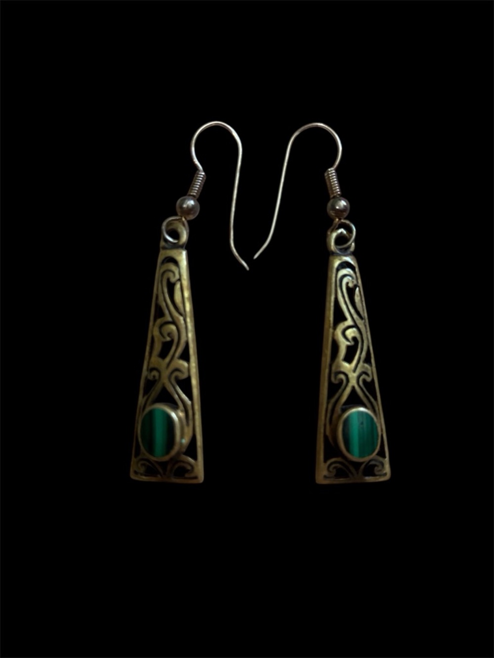 Vintage Triangle Scroll Malachite Dangle Earrings Bohemian Bronze
